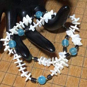 White Shell, Blue Optic Bead, Hematite Accent Stone Necklace 18“L EVC